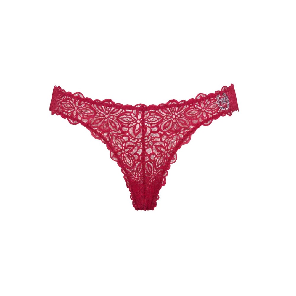 PINK Thong Panty Women M Red NEW Floral Lace Glitter Logo Low Rise